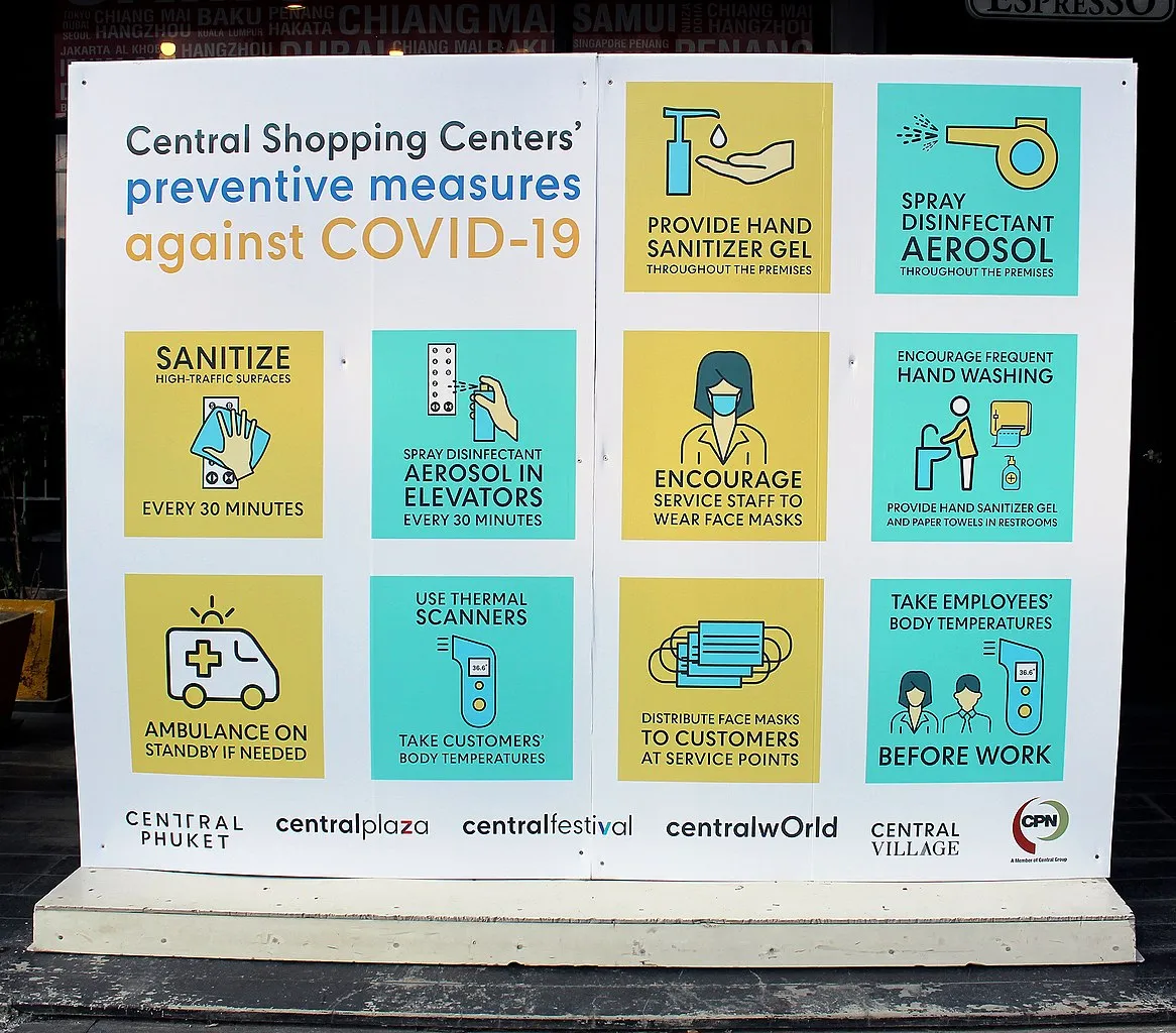 Sign with preventive measures against COVID-19 at entrance to "Central Festival" shopping mall in Phuket
