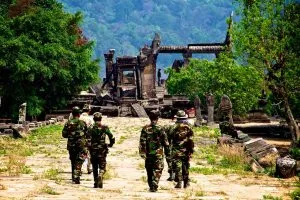 Cambodian soldiers pass through Prasat Preah Vihear.