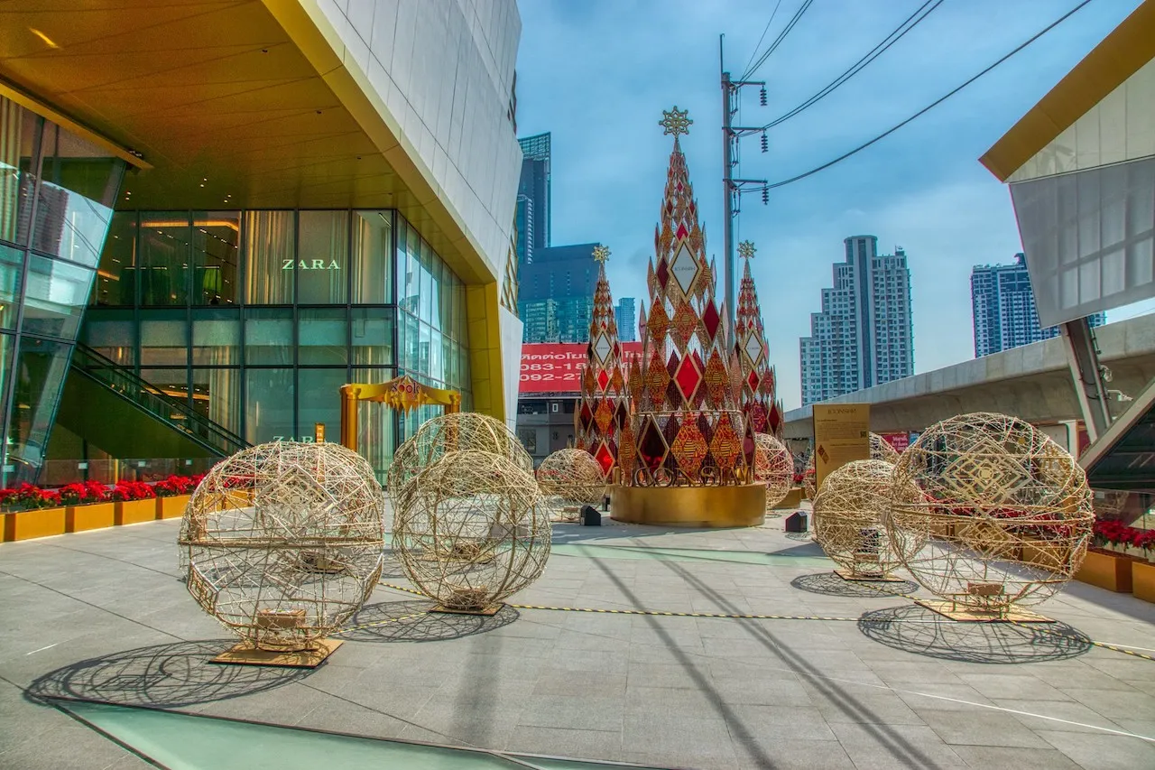 Christmas decorations in front of ICON SIAM shopping mall in Bangkok.
