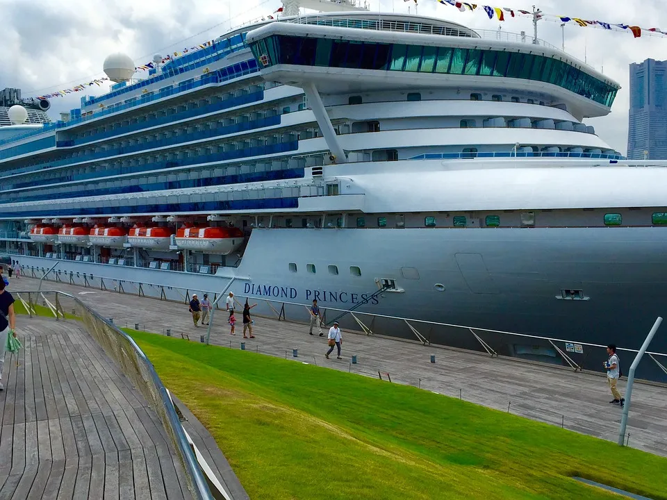 The Diamond Princess Cruise Ship moored at the Port of Yokohama, Japan