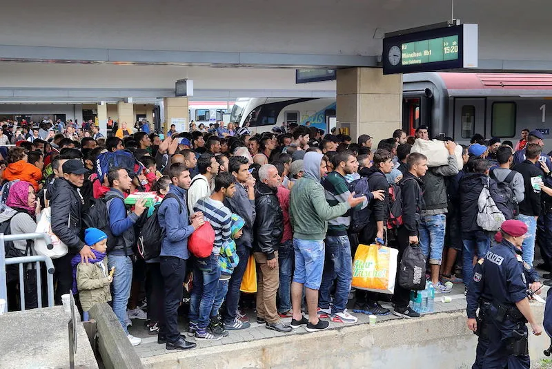 Refugees at Wien Westbahnhof railway station, Austria, on their way to Germany