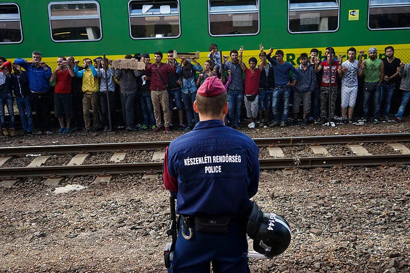 'Syrian' refugees strike at the platform of Budapest Keleti railway station