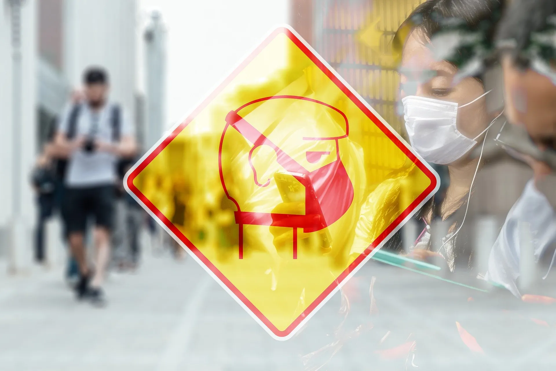 Yellow and red face mask symbol sign