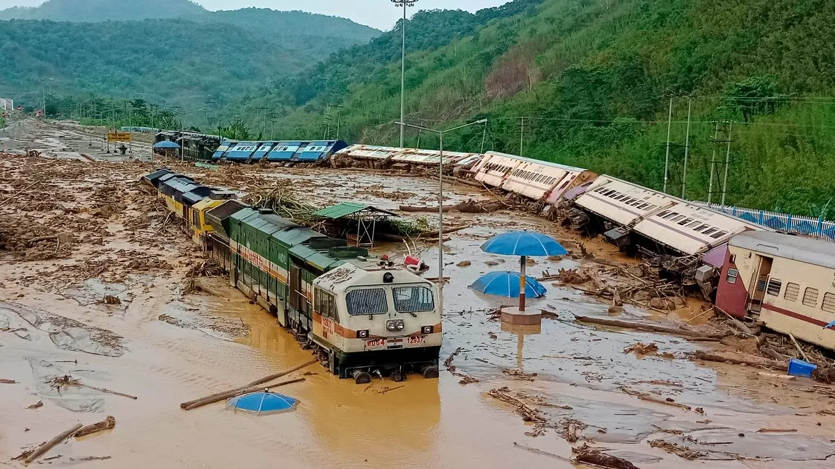 A flooded railway station during assam floods in India.