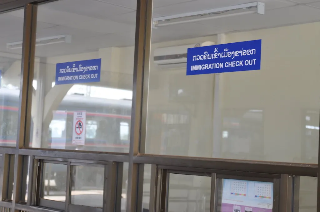 Immigration check out counters at the Thai-Laos border