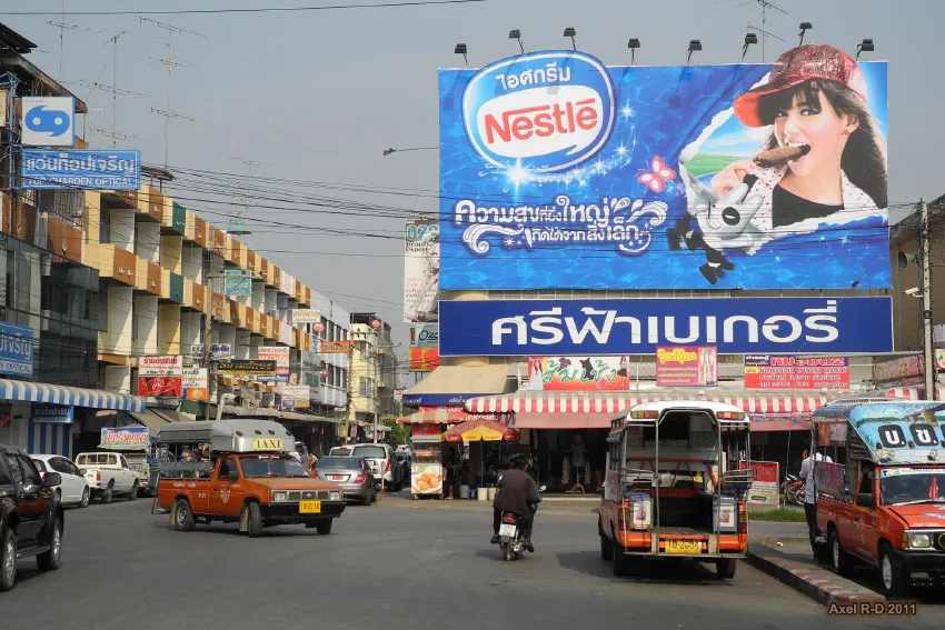 Traffic on a street in Kanchanaburi town.