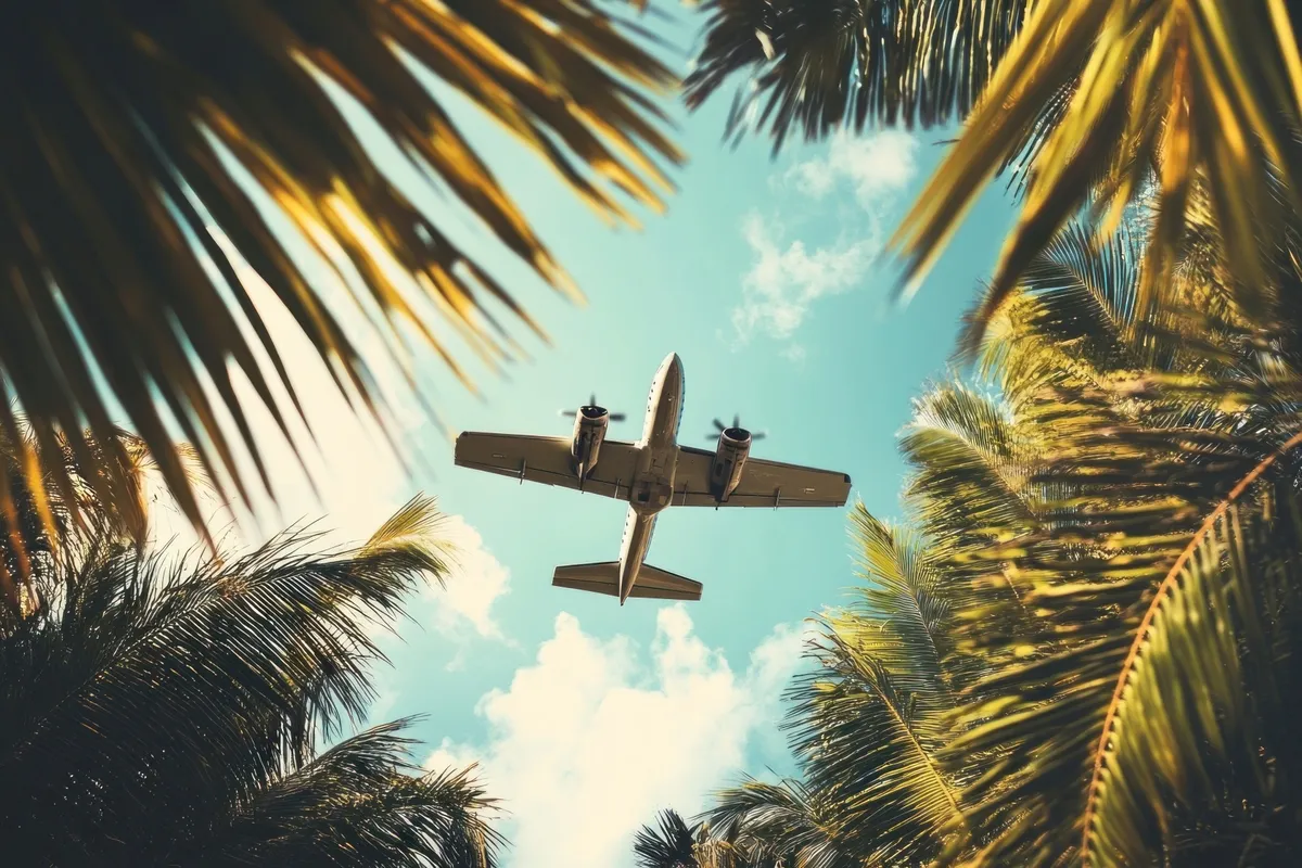 Light plane flying over palm trees.