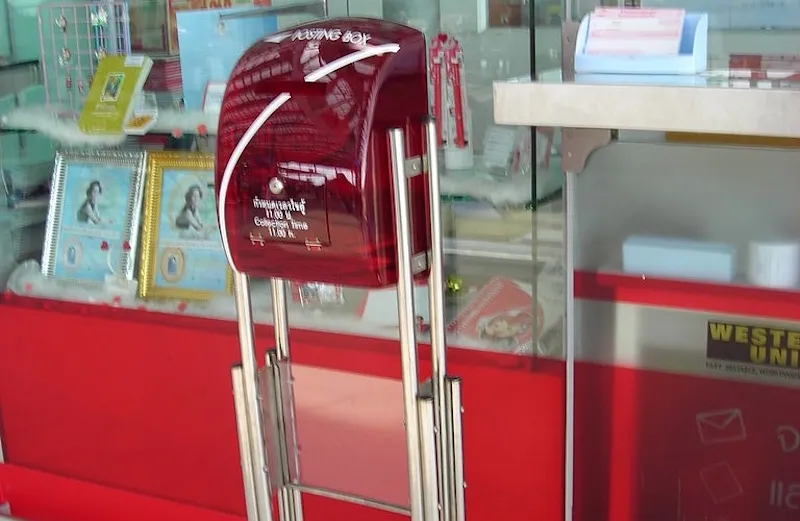 Transparent Thailand Post mailbox at Suvarnabhumi Airport, Bangkok