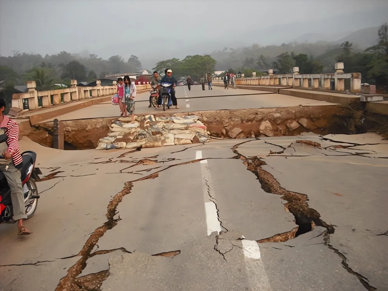 A road damaged by the Myanmar earthquake.