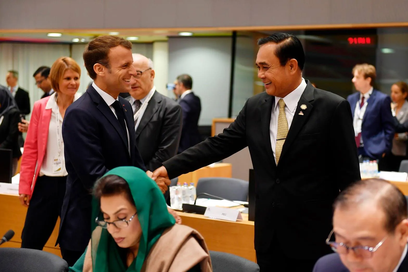 President of France Emmanuel Macron and Thai PM Prayut Chan-ocha attending the ASEM Asia–Europe Meeting in Belgium