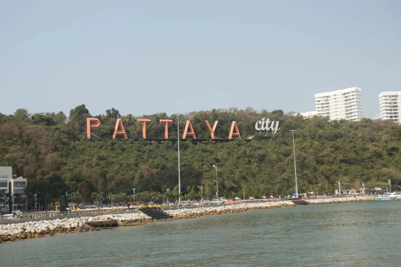 Pattaya City sign on the Pratumnak hillside in Banglamung, Chonburi province, overlooking the entire Pattaya Port