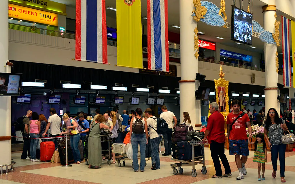 Queue at Phuket International Airport terminal
