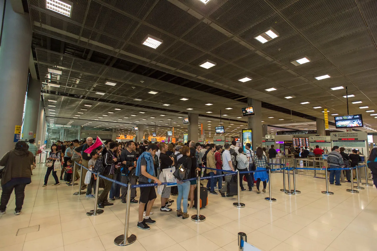 immigration queues at Suvarnabhumi Airport in Bangkok.