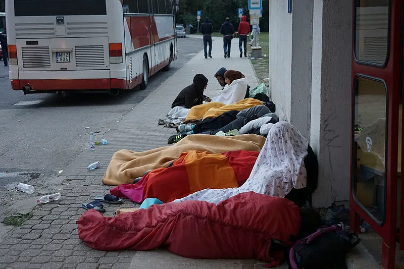 Syrian refugees sleeping in the open air in Budapest, Hungary, during refugee crisis