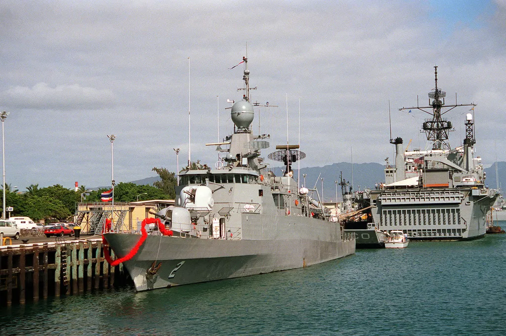 The Royal Thai Navy’s Ratanakosin-class corvette, HMS Sukhothai moored at a pier