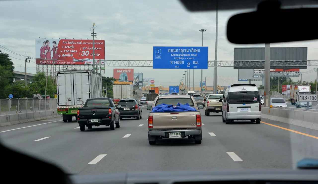 Traffic jam on the Sirat Expressway, highway, tollway in Lat Krabang, Bangkok.