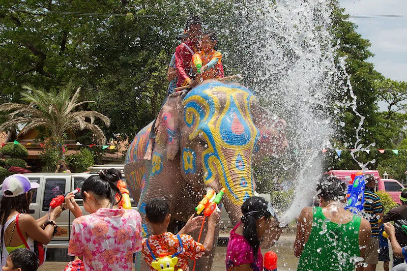 Songkran with elephants in Ayutthaya