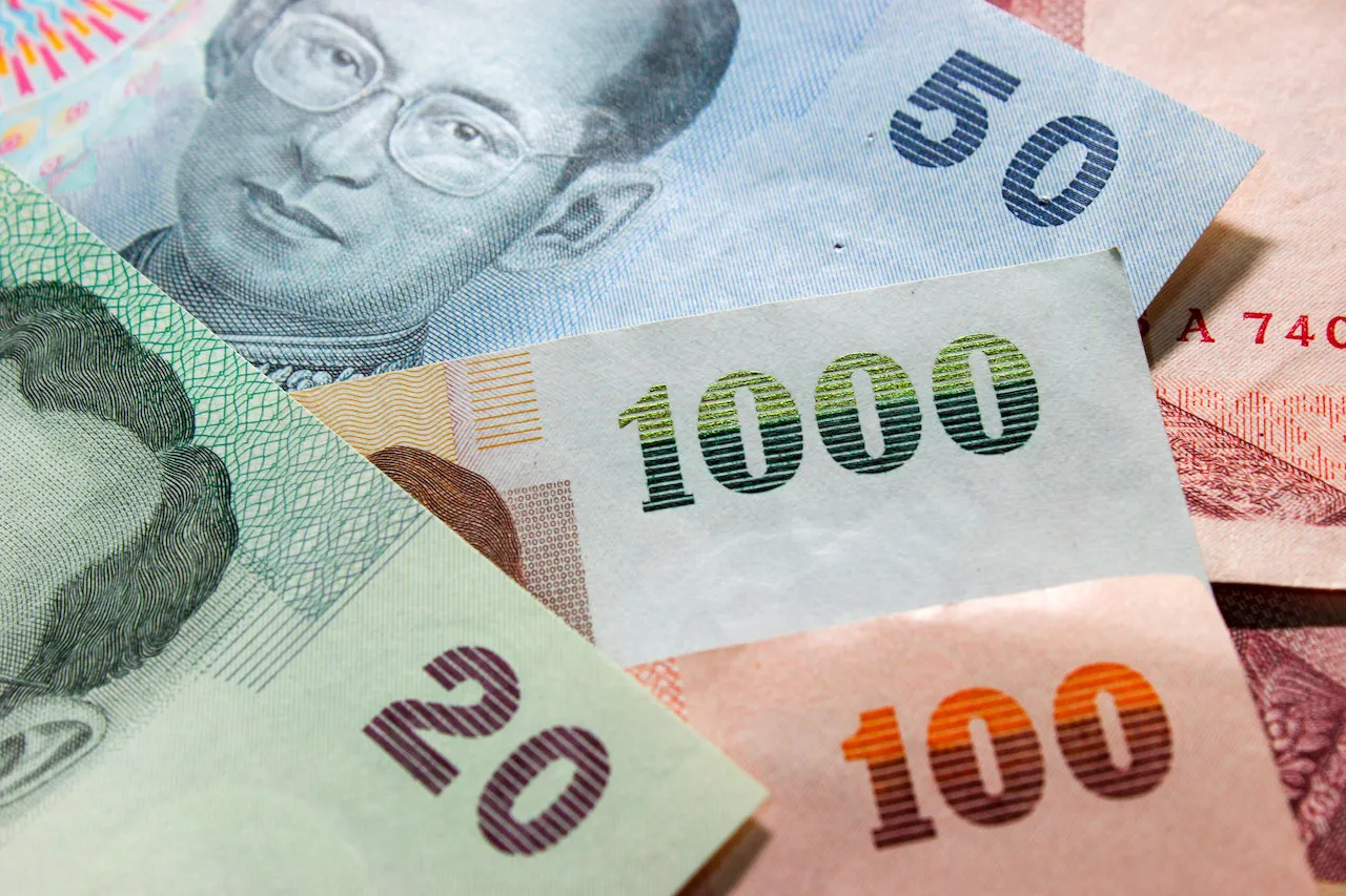 A pile of 20, 50, 100 and 1000 Thai baht notes