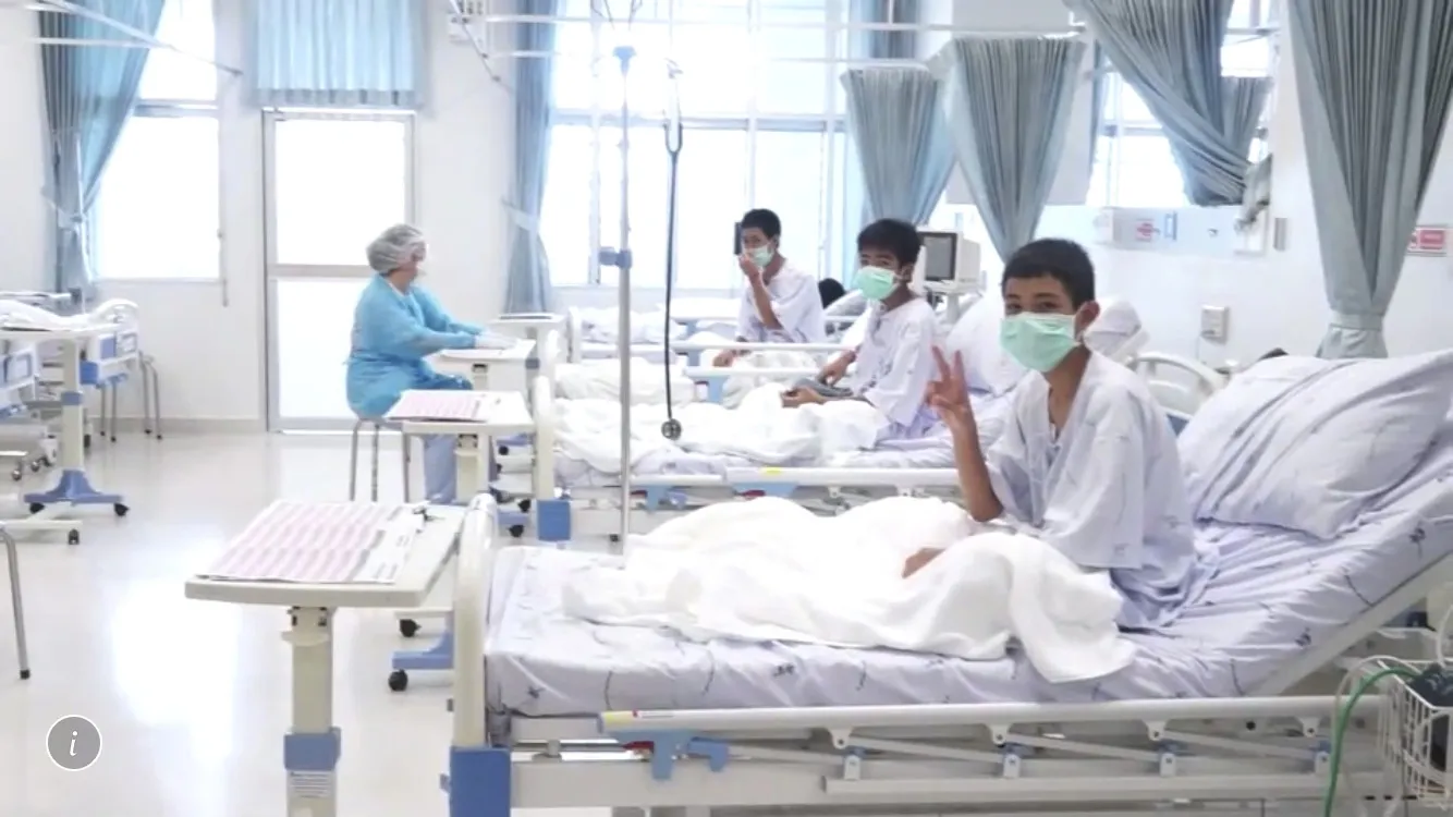 The 12 boys and coach recovering in their hospital beds after being rescued