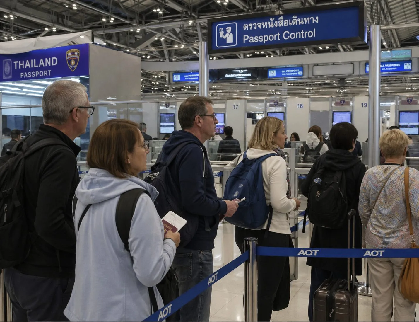 Tourists from Nordic countries queuing at Suvarnabhumi airport immigration passport control.