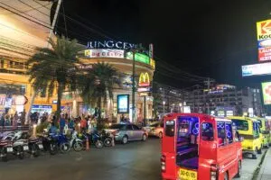 Taxis and motorcycles in Patong, Kathu District, Phuket