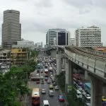 View of a traffic jam in the center of Bangkok from Ratchathewi BTS Skytrain station