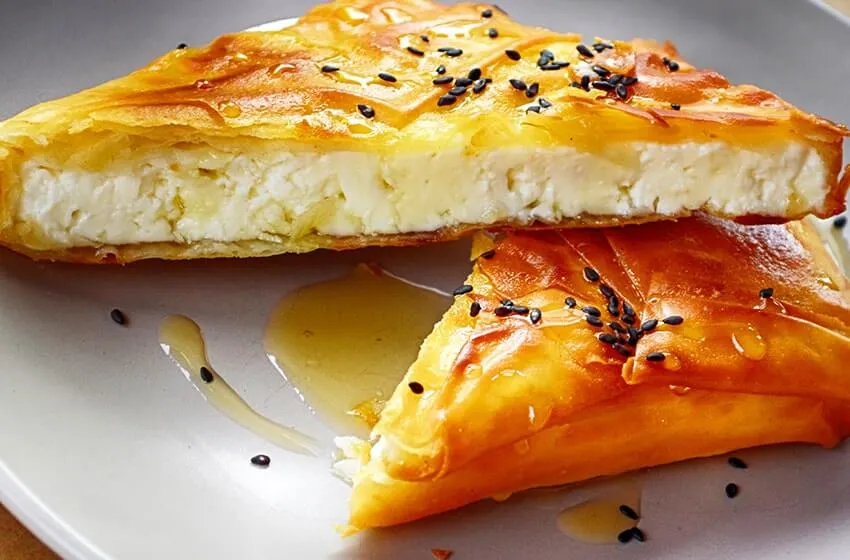 Crispy Sesame-Crusted Sandorini Feta with Honey and sesame seeds.