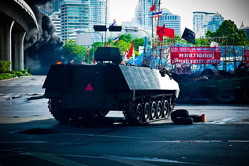 Armored car prepares to assault the Red Shirt barricade near Chulalongkorn Hospital in Bangkok