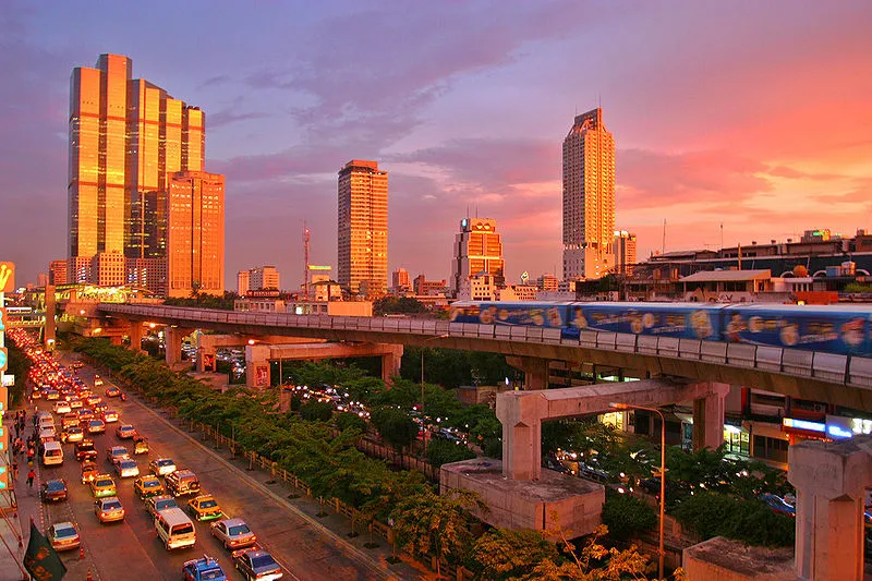 Bangkok skyline and skytrain on sunset