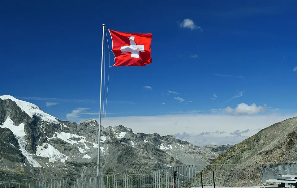 Switzerland National Flag and snowy mountains