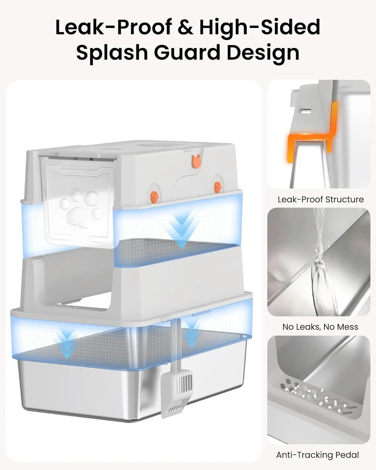 Caja de arena cerrada para gatos con base de acero inoxidable y tapa abatible