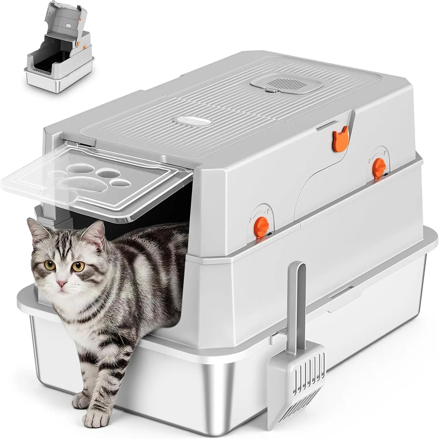 Caja de arena cerrada para gatos con base de acero inoxidable y tapa abatible