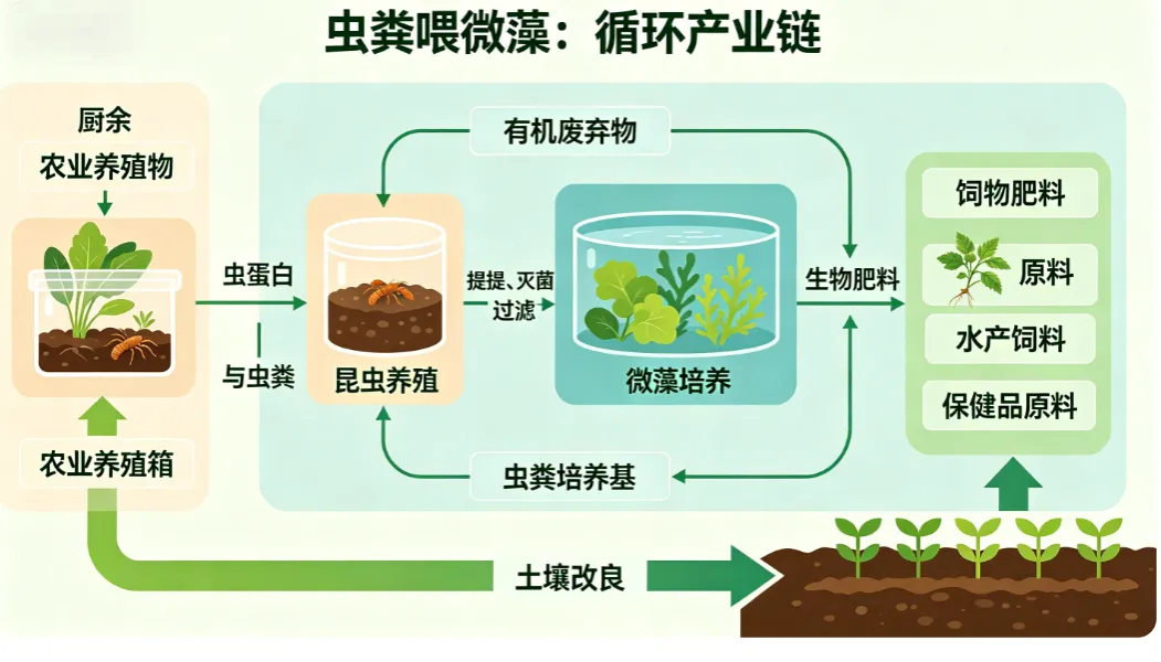 信息图展示虫类养殖与微藻养殖的循环产业链,包含农业养殖箱、昆虫养殖、微藻培养和原料产出等环节。