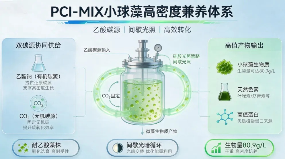 中央反应器带CO2输入,循环培养高密度微藻,输出高价值产物(生物量80.9 g/L、天然色素、蛋白质等)
