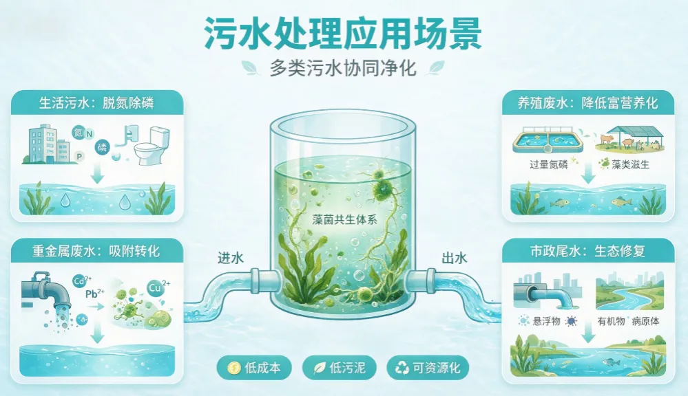 Infographic of a wastewater treatment system with a central bioreactor and four side panels showing different treatment scenarios (domestic, heavy metal, farm, ecological restoration).