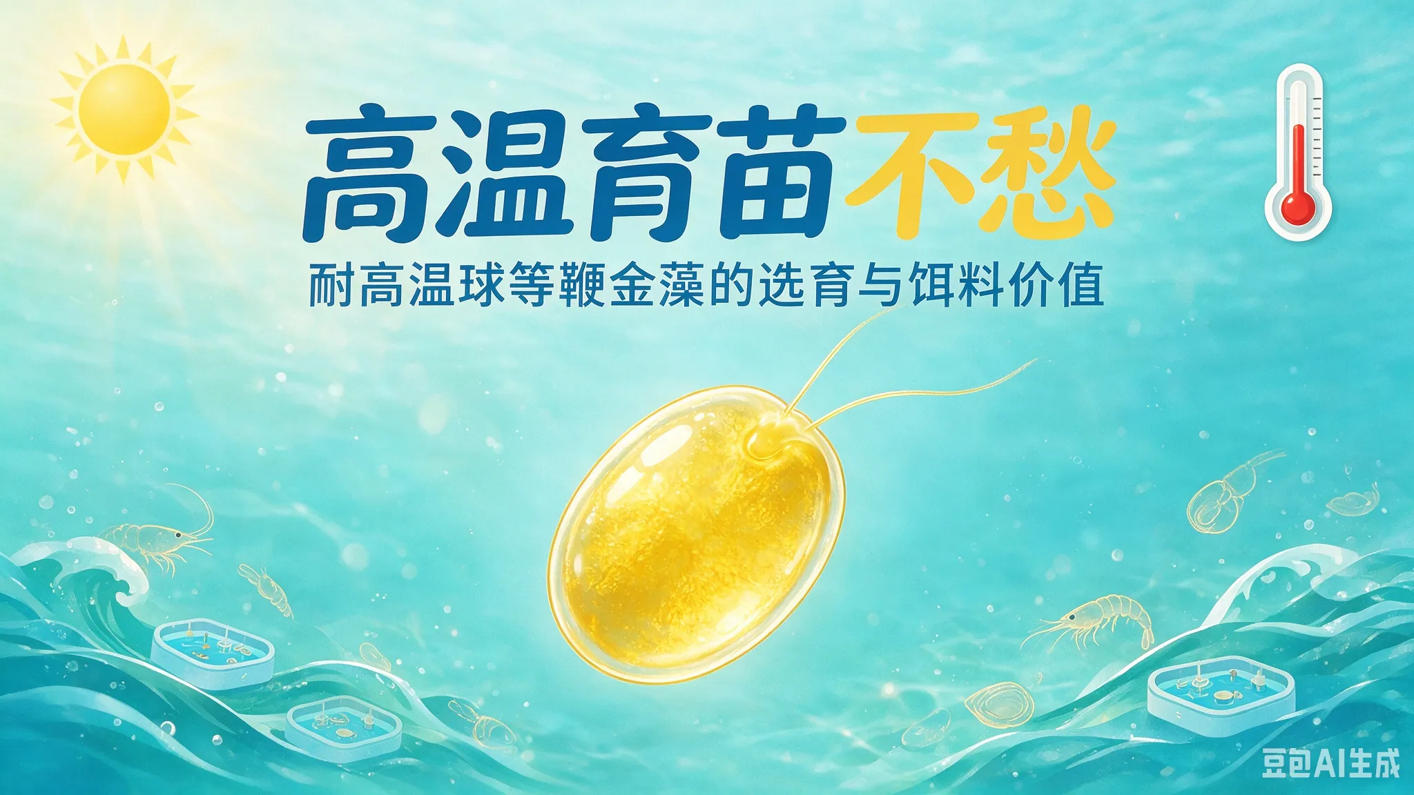 Poster with bright sun on left and thermometer on right; Chinese text about high-temperature resilience in a blue underwater-themed design.