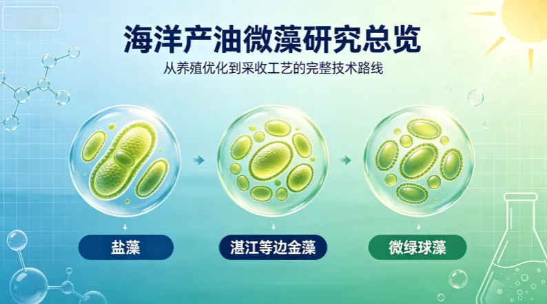 Banner infographic showing three stages of marine oil-producing microalgae growth from left to right, with Chinese labels under each stage, a bright sun on the top-right, and lab-themed background.