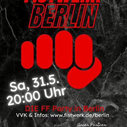 Plakat für die Fistwerk Berlin Veranstaltung mit rotem Faustsymbol und Veranstaltungsdetails.