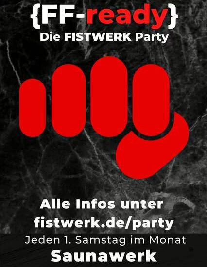 Schwarzer Flyer mit rotem Fist-Symbol für die FISTWERK Party im Saunawerk in Frankfurt.