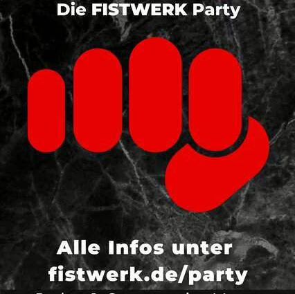Schwarzer Flyer mit rotem Faustsymbol für die FISTWERK Party im Saunawerk in Frankfurt.