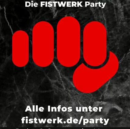 Schwarzer Flyer mit rotem Fist-Symbol und Informationen zur FISTWERK Party in Frankfurt.