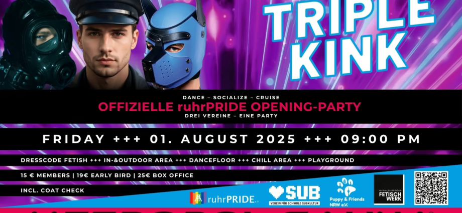 Event-Poster für die Triple Kink Party bei Metropol-Sauna mit Datum und Informationen.