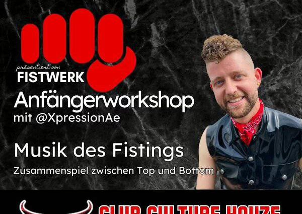 Ankündigung für einen Anfänger-Workshop zum Thema Fisting in Berlin am 31. August 2025.